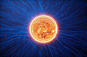 Glowing Bitcoin On Blue Background With Plexus And Red Connection Dots