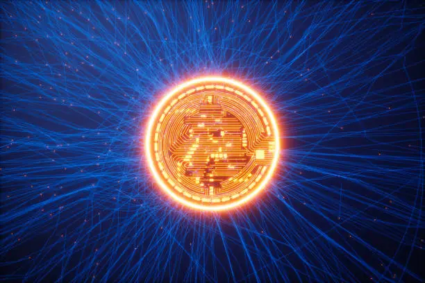 Photo of Glowing Bitcoin On Blue Background With Plexus And Red Connection Dots