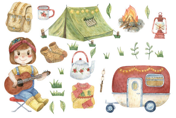 Watercolor set of illustrations about camping. Hand-drawn watercolor clip art. Cute girl with guitar, trailer, tent, bonfire, mug, teapot, sweater, socks, backpack, red lantern and marshmallow. watercolor lantern set stock illustrations