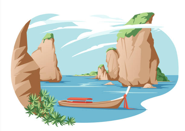 азиатский таиланд приморский традиционный отдых пейзаж. морской пляж с горным побережьем приморский вид летний морской пейзаж плоский век - пхукет stock illustrations