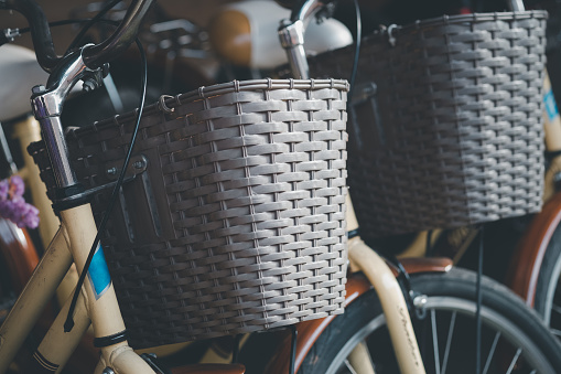 Traditional wicker bicycle front basket. Close up