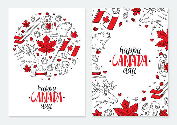 캐나다의 해피 내셔널 데이, 아이콘이있는 엽서 또는 포스터 세트 - canada day 이미지 stock illustrations