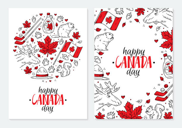 Happy National Day of Canada, a set of postcards or posters with icons Happy National Day of Canada, a set of postcards or posters with traditional red Doodle sketch-style symbols. Vector template. canada day poster stock illustrations