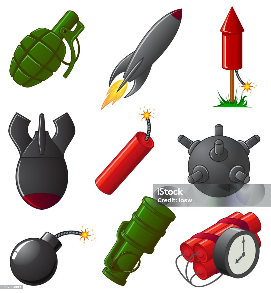 Conjunto de iconos de explosivos - arte vectorial de Fuego artificial libre de derechos