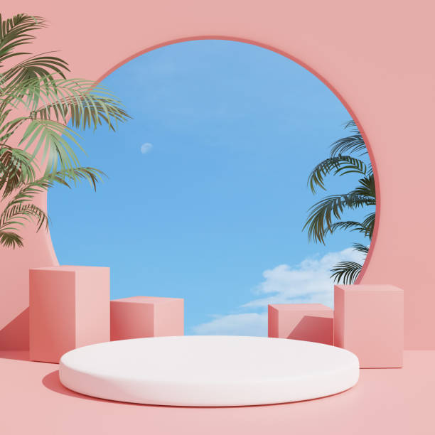 3d render, abstract geometric shape pastel pink , summer scene minimal design, product display,  pink interior background with sky and summer plant - tree set imagens e fotografias de stock