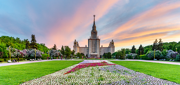 Evening in Moscow - dramatic sunset over The main building of Moscow State University - a 36-story skyscraper, built in 1953.