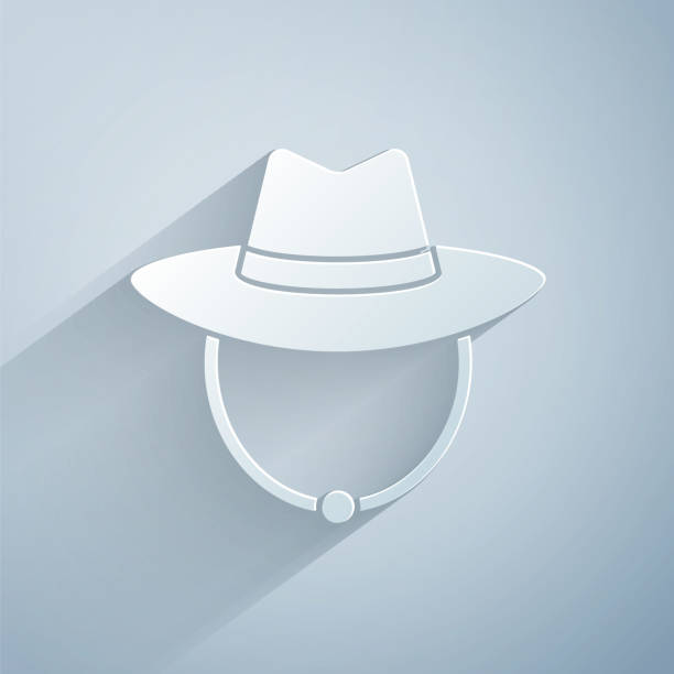 종이 는 회색 배경에 고립 된 서양 카우보이 모자 아이콘을 잘라. 종이 아트 스타일. 벡터 - cowboy hat hat wild west isolated stock illustrations