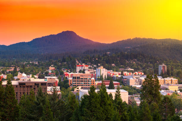 Eugene, Oregon, USA Downtown Cityscape Eugene, Oregon, USA downtown cityscape at dusk. eugene oregon stock pictures, royalty-free photos & images