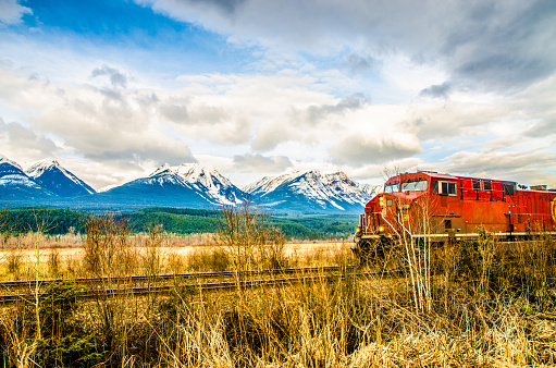 Train passing by with Rocky mountains in Kootenay Park, British Columbia, during day of springtime