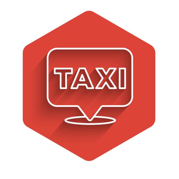 istock White line Map pointer with taxi icon isolated with long shadow. Location symbol. Red hexagon button. Vector 1320517949