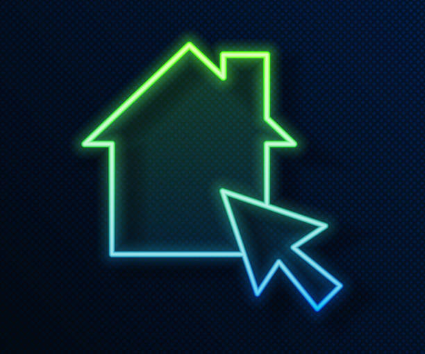 istock Glowing neon line Online working icon isolated on blue background. Freelancer man working on laptop at his house. Remote work. Distant job concept. Vector 1320518633