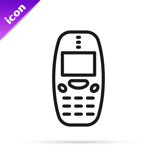 ilustrações, clipart, desenhos animados e ícones de linha preta ícone de celular antigo do teclado antigo isolado no fundo branco. dispositivo de celular retrô. telefone celular vintage dos anos 90. vetor - old mobile phone telephone obsolete