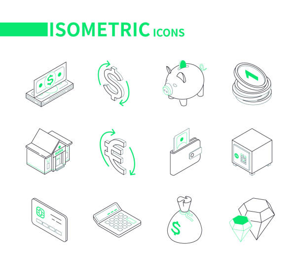 Business and finance - modern line isometric icons Business and finance - modern line isometric icons. Financial management, investments idea. Banknotes, dollar and euro sign, piggy bank, coin, wallet, safe, credit card, calculator, money bag, crystal piggy bank calculator stock illustrations