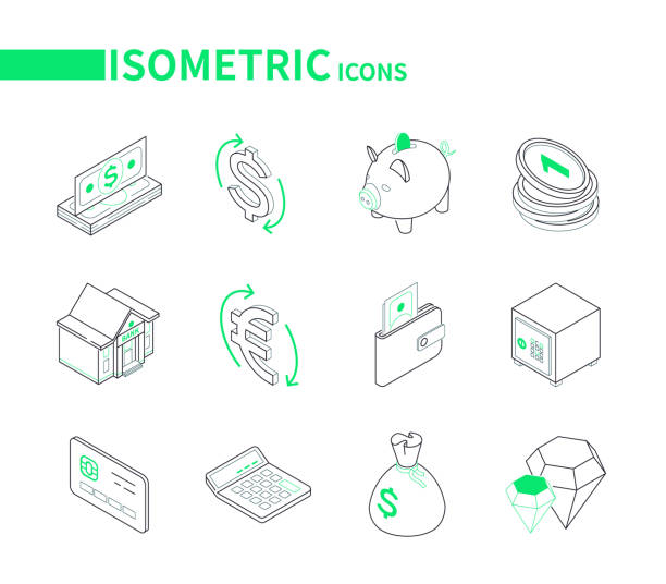 Business and finance - modern line isometric icons Business and finance - modern line isometric icons. Financial management, investments idea. Banknotes, dollar and euro sign, piggy bank, coin, wallet, safe, credit card, calculator, money bag, crystal coin outline stock illustrations