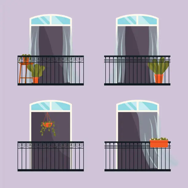 Vector illustration of Balcony with iron fence with patterns. Large window with potted plants a set of illustrations