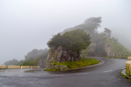 Road with hairpin bend in the mountains of north of Tenerife. Park Rural de Anaga, Canary island, Spain. Foggy, rainy and like in the cloud.