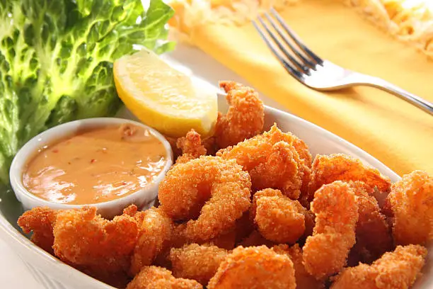 Deep fried shrimp platter, also known as popcorn shrimp. Also available in vertical. 