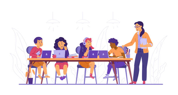 illustrazioni stock, clip art, cartoni animati e icone di tendenza di ragazzi e ragazze studiano in classe informatica utilizzando la tecnologia internet. - insegnante