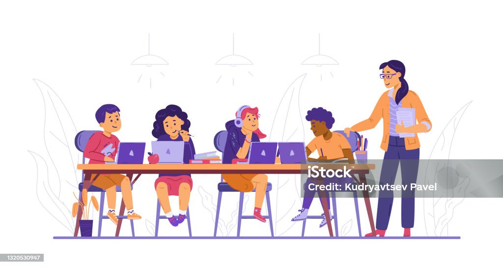 Boys and girl study in computer class using internet technology. Boys and girl study in computer class using internet technology with female teacher. Kids get an education sits with laptops on lessons. Flat vector illustration isolated on white. Teacher stock vector