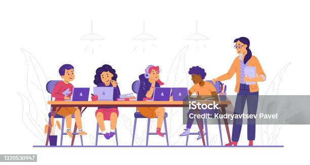 Boys And Girl Study In Computer Class Using Internet Technology Stock Illustration - Download Image Now