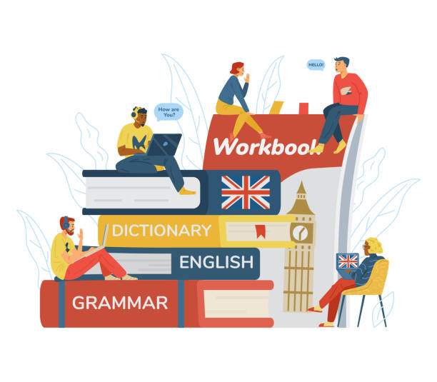 englische sprache entfernung online-lernbanner, flache vektor-illustration. - english dictionary stock-grafiken, -clipart, -cartoons und -symbole