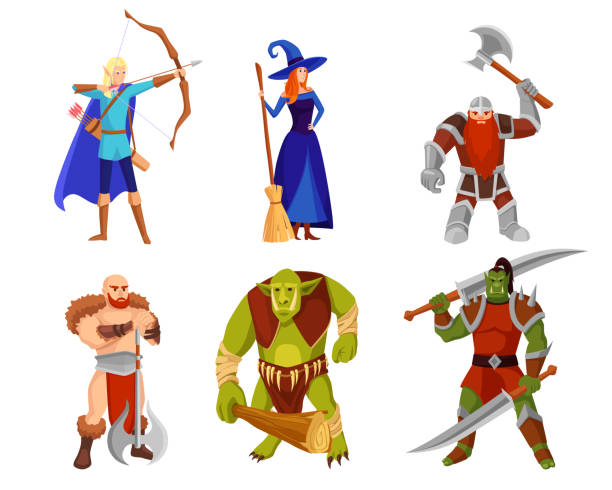 illustrations, cliparts, dessins animés et icônes de ensemble d’illustrations vectorielles de monstres et de guerriers de dessin animé - wizard magic broom stick