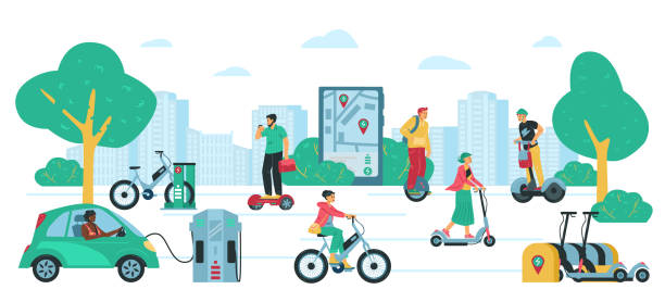 Road with people riding various electric transport, flat vector illustration. Road in the city with people riding various kinds of electric transport. Environment friendly electric transport, flat vector illustration isolated on white background. hoverboard stock illustrations