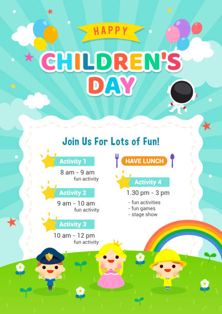glückliche kindertag poster einladung vektor - child balloon happiness cheerful stock-grafiken, -clipart, -cartoons und -symbole