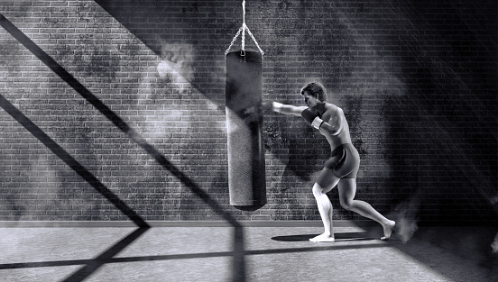 3D illustration of a boxer hitting a punching bag in an old gym.