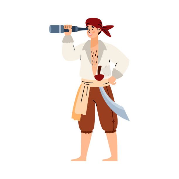 illustrazioni stock, clip art, cartoni animati e icone di tendenza di il capitano bucaniere in costume da pirata con sciabola in cintura guarda attraverso un telescopio. - buccaneer