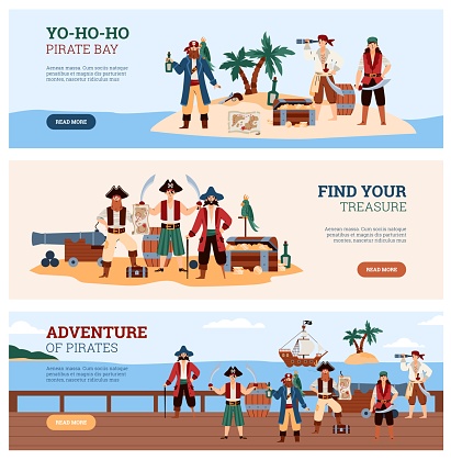 Banner or flyers collection for pirate adventure party or quest game with pirates on treasure island, flat vector illustration. Sea pirates and treasure searching.