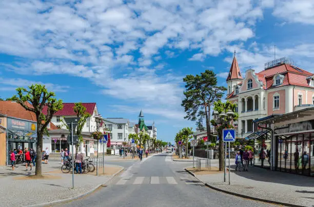 View of the main street with historic villas in the Baltic Sea resort of Zinnowitz on the island of Usedom.