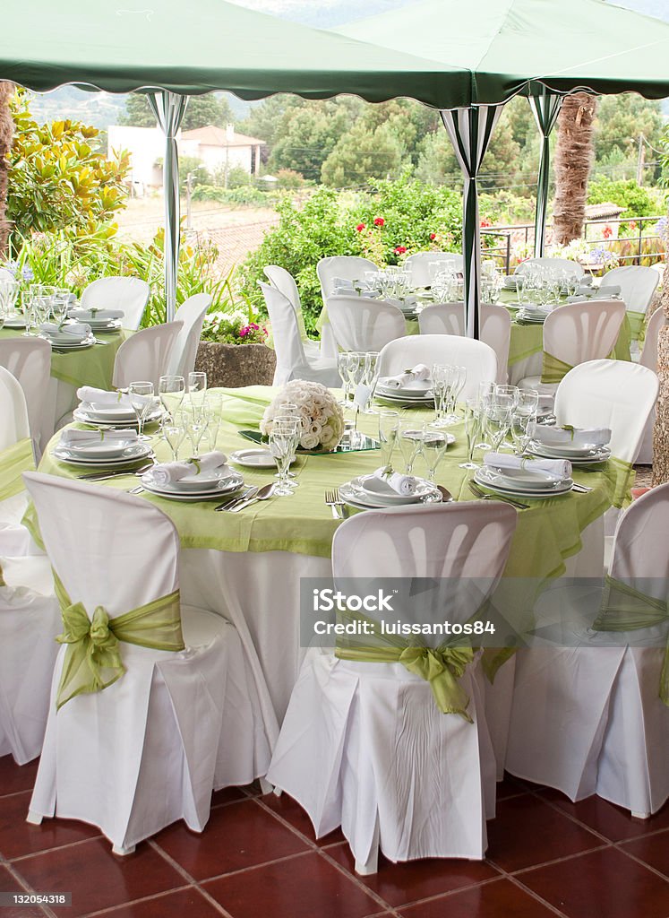 Wedding table gorgeous wedding chair and table setting for fine dining at outdoors Entertainment Tent Stock Photo