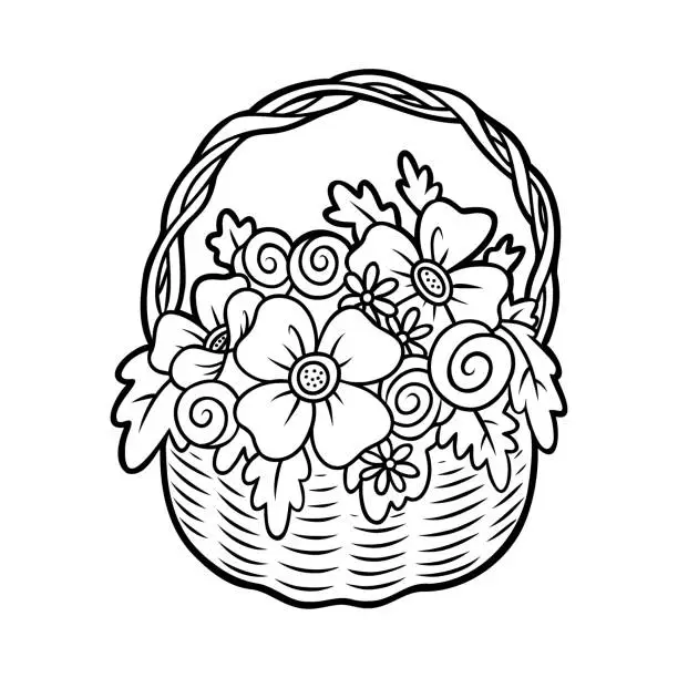 Vector illustration of Coloring book, Basket of flowers for Valentines day