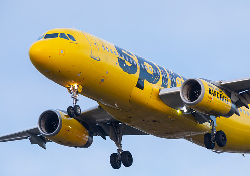 Portland, Oregon, USA - February 28th, 2021: A Spirit Airlines Airbus A320 comes in for landing at Portland International Airport.