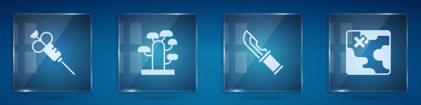 ustaw strzykawkę, drzewo afrykańskie, nóż huntera i mapę safari. kwadratowe szklane panele. wektor - syringe silhouette computer icon icon set stock illustrations