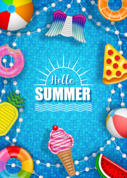 ilustrações de stock, clip art, desenhos animados e ícones de hello summer poster with colorful inflatables balls, mattresses and rings on pool water background - swimming pool party summer beach ball