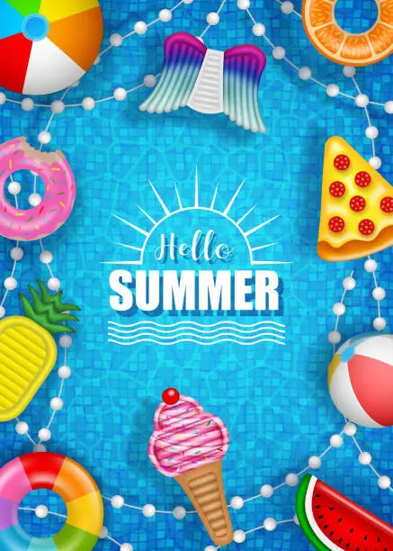 Vector illustration of Hello summer poster with colorful inflatables balls, mattresses and rings on pool water background
