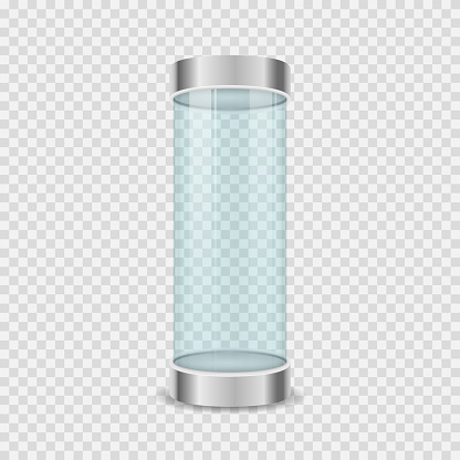 Glass box cylinder. Transparent crystal cube and cylinder empty showcases. Round empty glass showcase for exhibition with a pedestal. Vector illustration, eps 10.