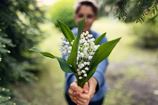 It's mother's day. Cute teenage boys is giving bouquets of lily of the valley to his mother.\nCanon R5