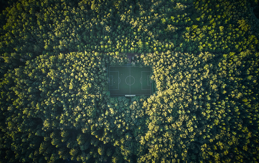 Aerial top down view of a soccer pitch in a dense forest. Sunset light