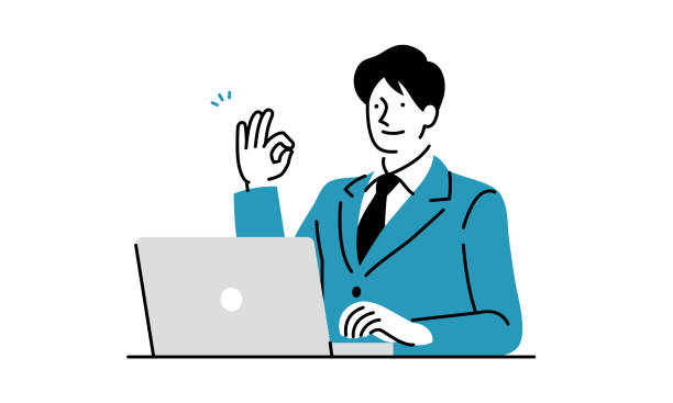 mężczyzna pracujący na laptopie z dobrym znakiem - mid adult men businessman men people stock illustrations