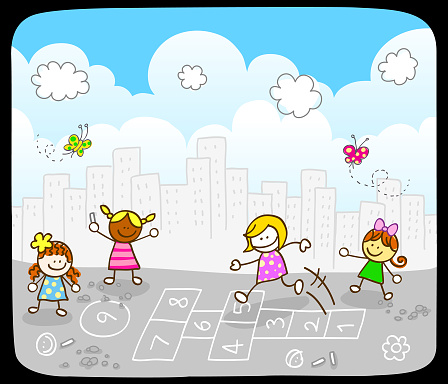 Happy Children Friends Playing In Street Cityscape Cartoon Illustration  Stock Illustration - Download Image Now - iStock