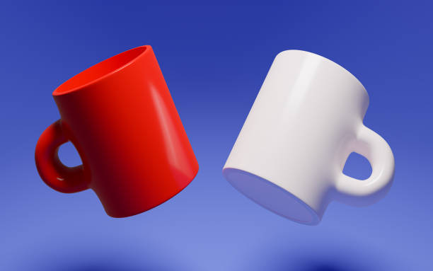 istock Two mug cups with  Red and white color in blue background, breakfast item,3D illustrator. 1320563324