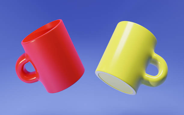 istock Two mug cups with  Red and yellow color in blue background, breakfast item,3D illustrator. 1320563325