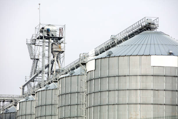 landwirtschaftliches silo in der futtermühlenfabrik. großer tank für das lagern von getreide in der futtermittelherstellung. - rohstoffverarbeitende fabrik stock-fotos und bilder