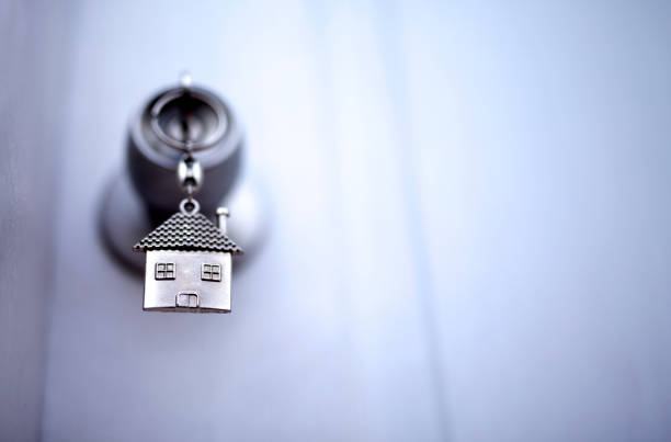 Silver house key in a door