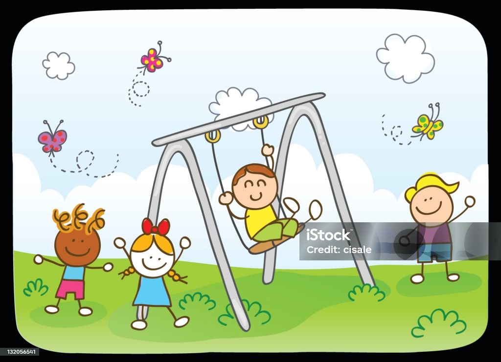 happy children friends playing in park swing, spring nature cartoon ALL KINDS OF MIXED CHILDREN(sort by age to see similar cartoons together) Child stock vector