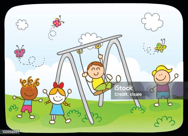 Happy Children Friends Playing In Park Swing Spring Nature Cartoon Stock Illustration - Download Image Now