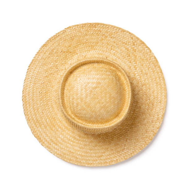 istock Yellow wide brimmed straw hat isolated on white background. Design element for modern eco-friendly accessory for beach, vacation and travel. Summer vintage classic straw hat. 1320565913